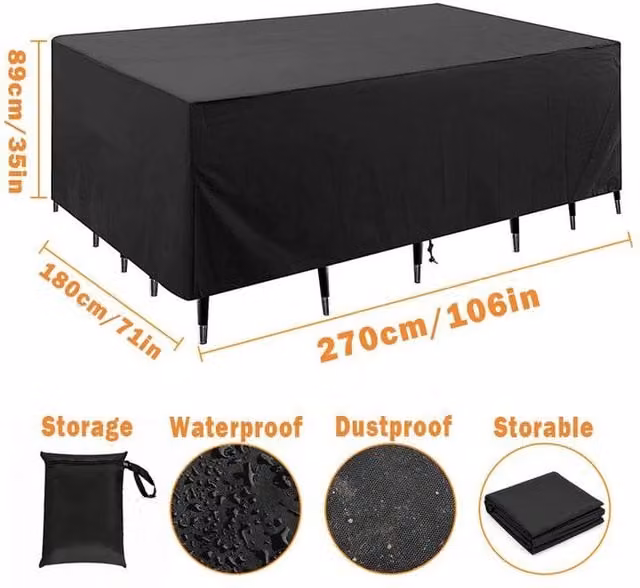 YnysTec Heavy Duty Waterproof Garden Patio Furniture Cover, Black, W/D/H: 270 x 180 x 89 cm