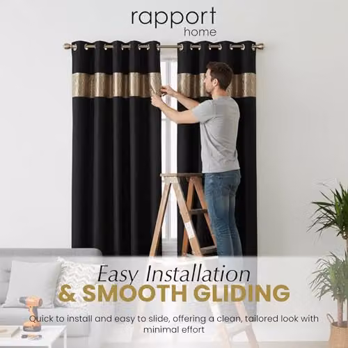 Rapport Home Capri Blackout Eyelet Curtains Pair in Black and Gold, Thermal Insulating Velvet Polyester, W: 180 cm, H: 182 cm – 6