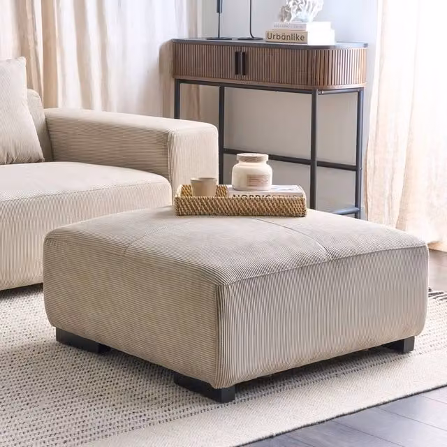 Wyld Haus Beige Jumbo Corduroy Ottoman, W/D/H: 80 x 80 x 35 cm