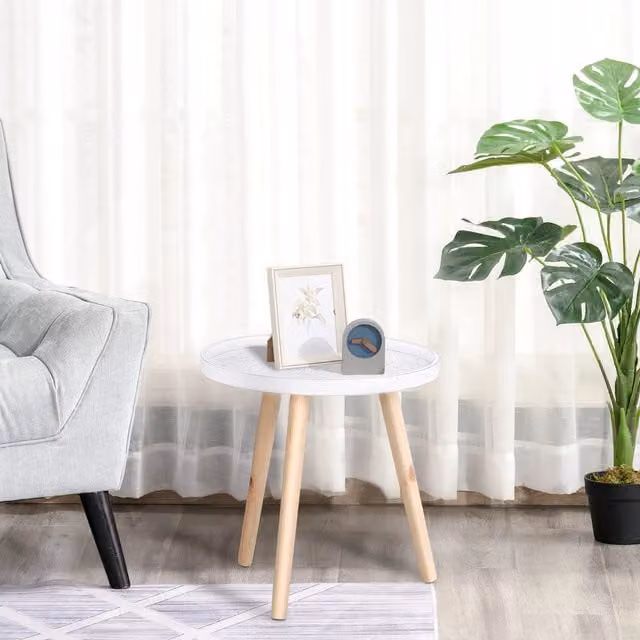 HOMCOM Floral Etched Round Side Table in White and Gold