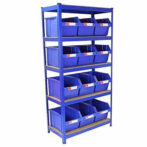 Monster Racking Blue Boltless Bay Shelving Unit with 12 Storage Bins, W: 90 cm, H: 180 cm, D: 45 cm – 1