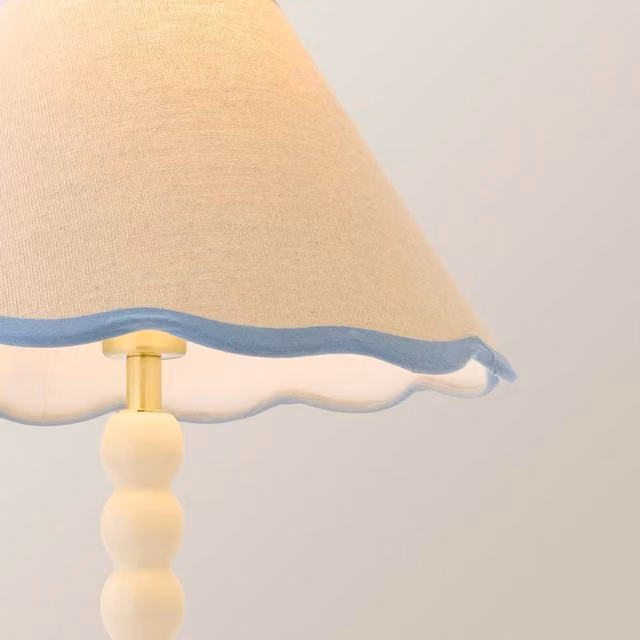ValueLights Bobbin Table Lamp with Blue Trim Linen Shade in Beige and Blue – 1