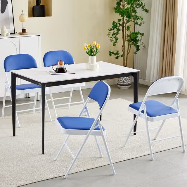 MCC Direct Set of 4 Blue Folding Dining Chairs with Metal Frame and Padded Synthetic Leather Seats – 1