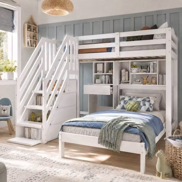 Rolipo White Pinewood House Bunk Bed with Desk, Storage and Stairs W/D/H: 90 x 190 cm – 1