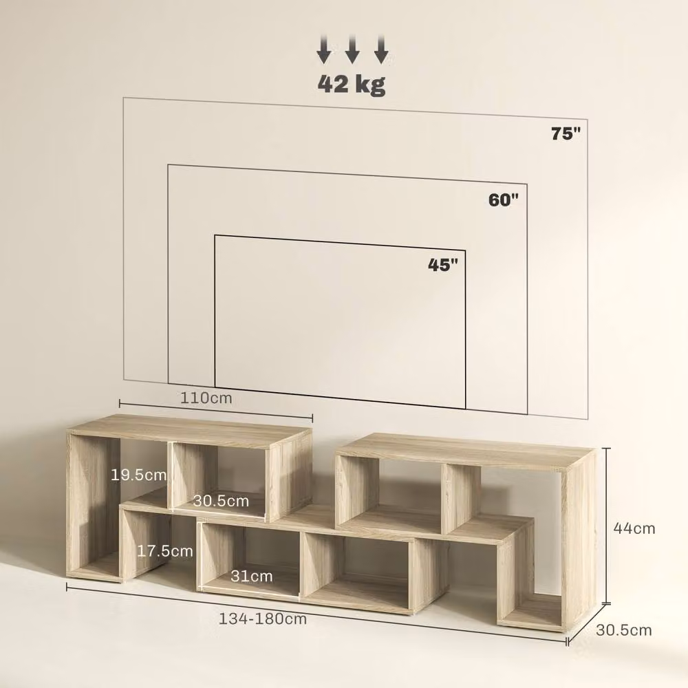Wyld Haus Tota 3 Block Modular TV Stand, Grey Oak Wood Effect in Natural, W: 134-180 cm, D: 30.5 cm, H: 44 cm – 3