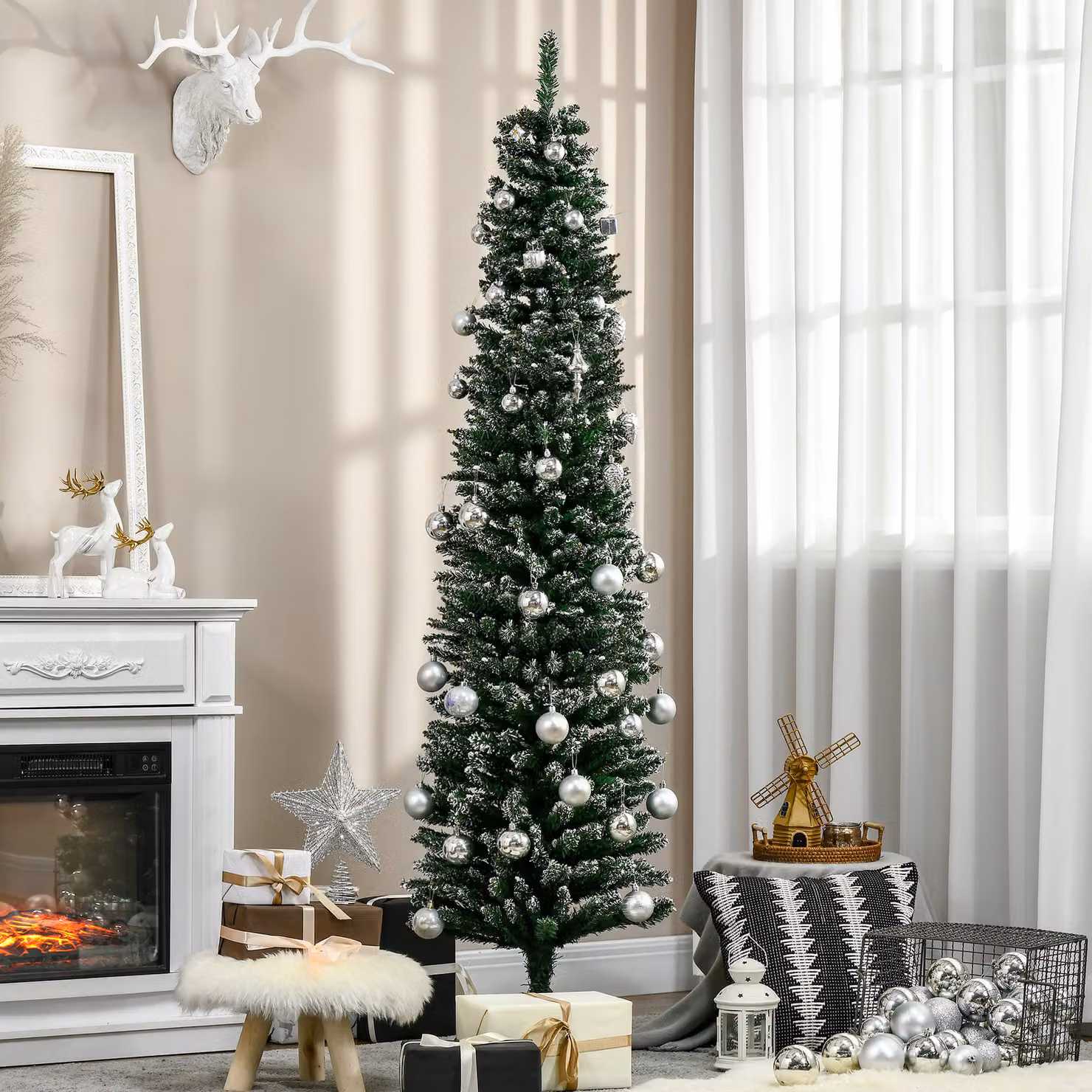 HOMCOM 6.5ft Artificial Snow Dipped Christmas Pencil Tree with Foldable Black Stand, Green and White – 2