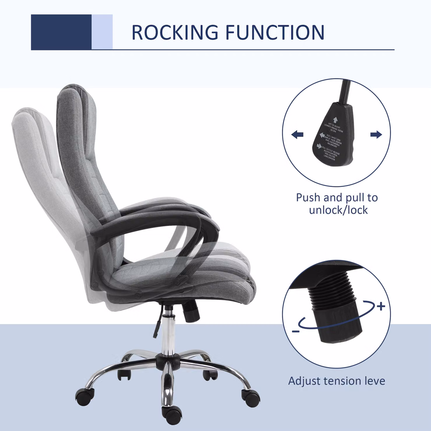 Vinsetto High Back Swivel Office Chair in Grey Linen Fabric with Adjustable Height and Tilt Function – 5