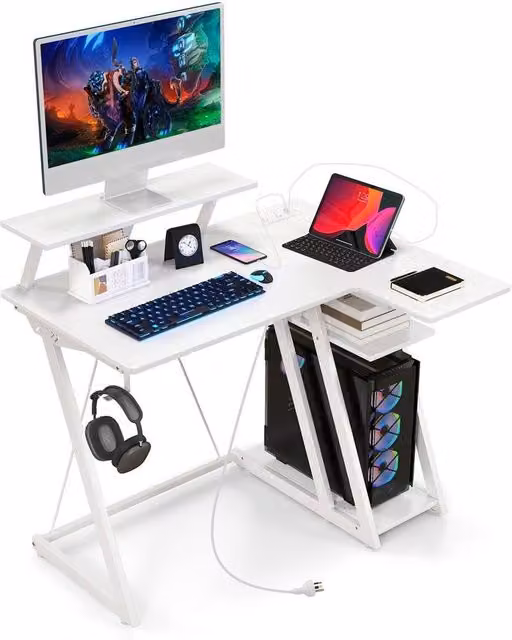 Costway L-Shaped Gaming Desk with Monitor Shelf and Outlets in White
