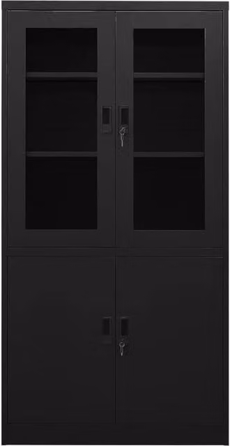 Berkfield Modern Home Office Cabinet in Black with Glass Doors and Adjustable Shelves, W/D/H: 90 x 40 x 180 cm
