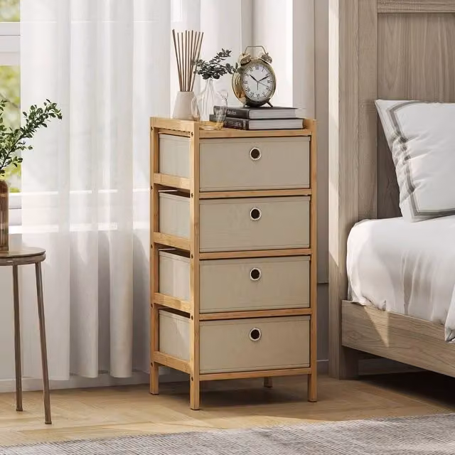 EONLION 4 Drawer Dresser with Bamboo Frame in Beige, Width: 100 cm