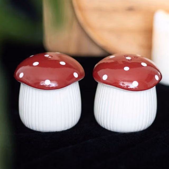 KDMK Mushroom Magic Ceramic Salt and Pepper Shakers, Red Dotted