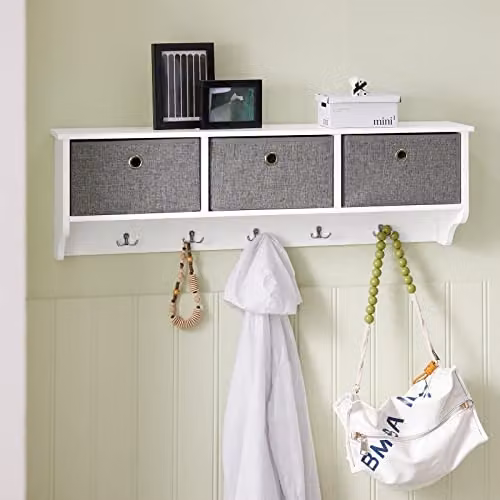 SoBuy Wall Mounted Coat Rack with 10 Hooks and 3 Baskets, White, W100 x D20 x H31 cm – 2
