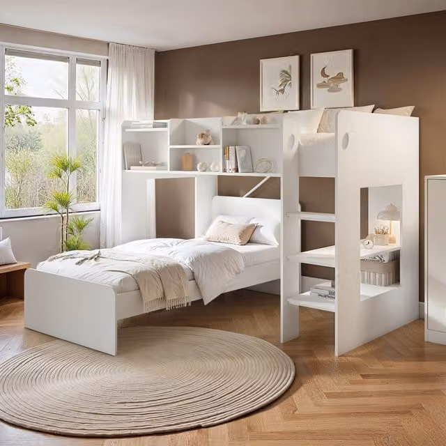 Flair Furnishings Wizard L Shaped Bunk Bed in White and Grey with Stairs and Side Compartments, W/D/H: 190 x 90 x 145.5 cm – 2