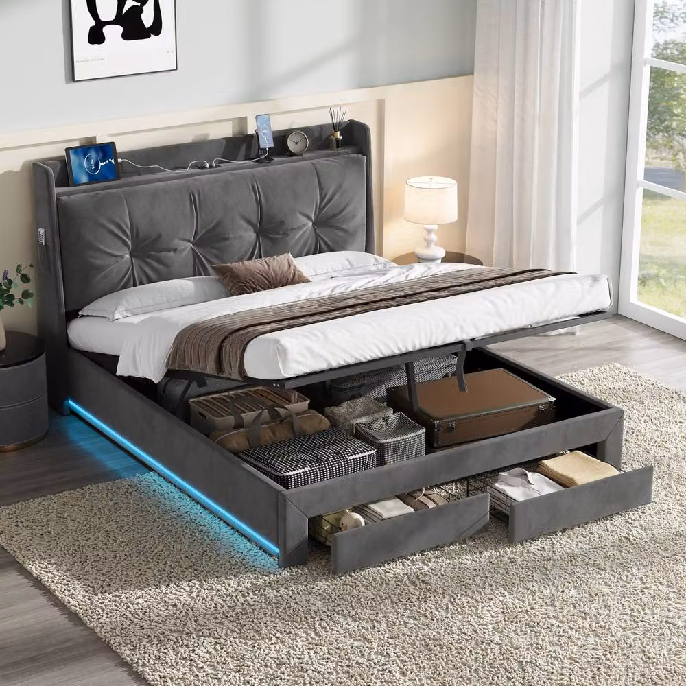 BTM Grey Velvet Upholstered King Size Bed Frame with Hydraulic and Drawer Storage, USB Charging Port and Under-Bed Lighting, W/D/H: 180 x 200 cm – 3