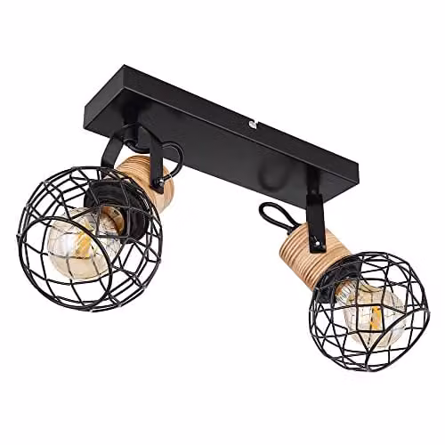 Globo Lighting Industrial Adjustable Ceiling Spotlight with Wood and Metal Mesh Shades in Matt Black and Brown