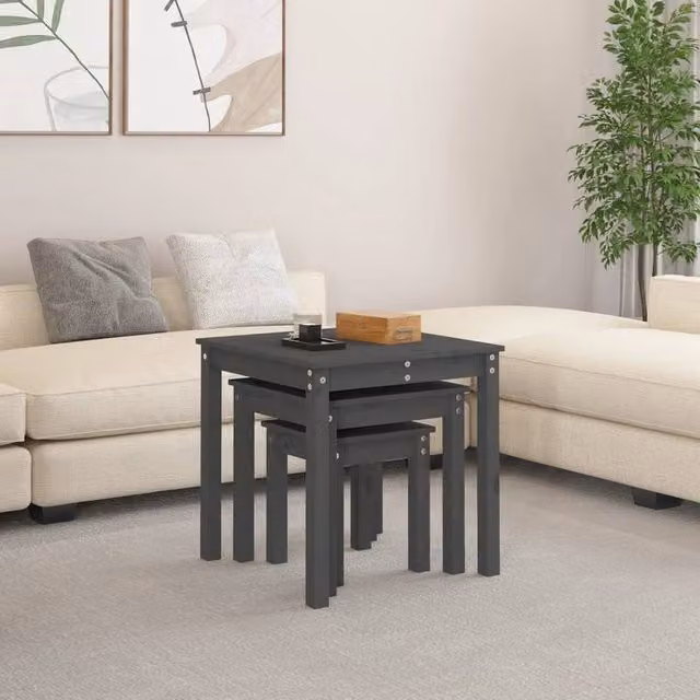 Berkfield Home Set of 3 Nesting Tables in Grey Solid Pine Wood – 1