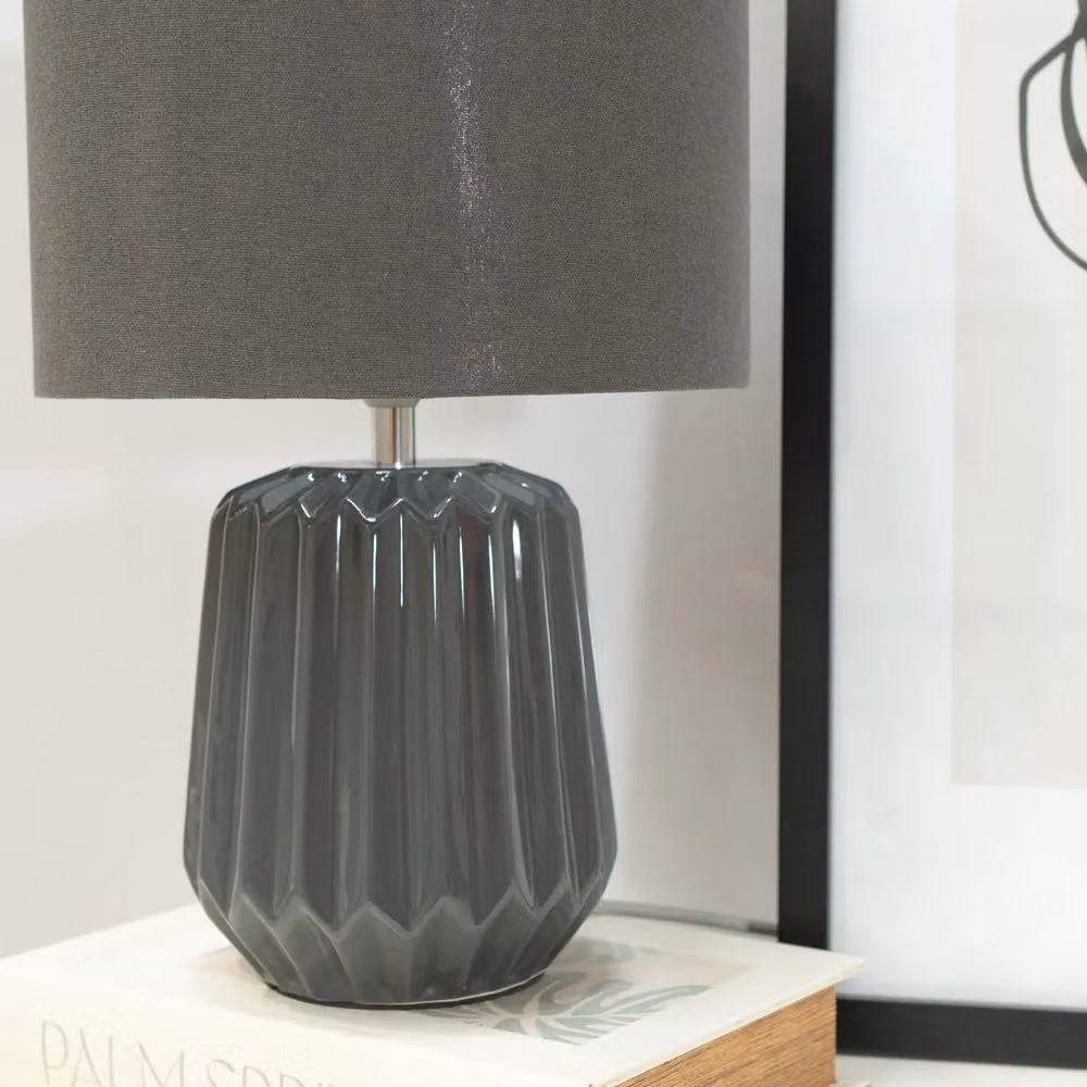 ValueLights Zak Grey Textured Ceramic Table Lamp with Fabric Cylinder Shade – 3