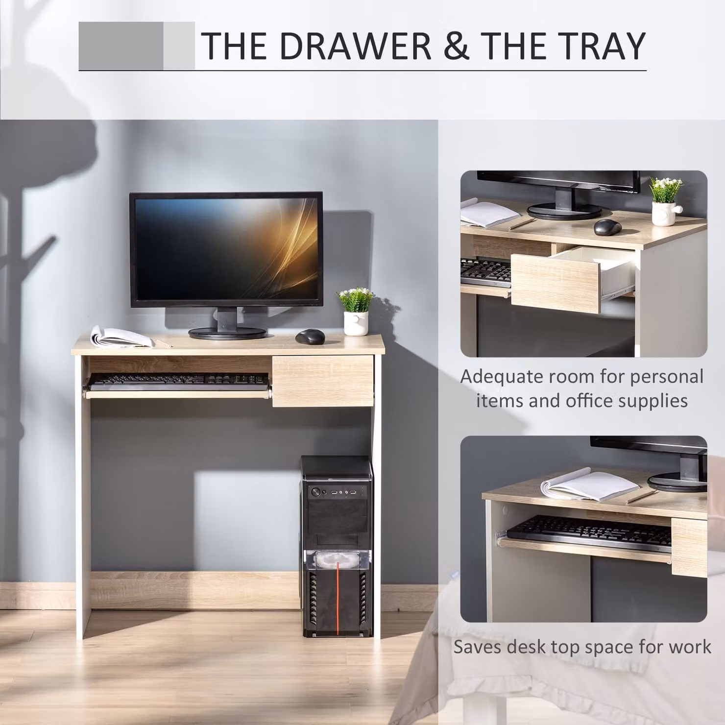 HOMCOM Compact Computer Table with Keyboard Tray and Drawer in Oak Colour – 4