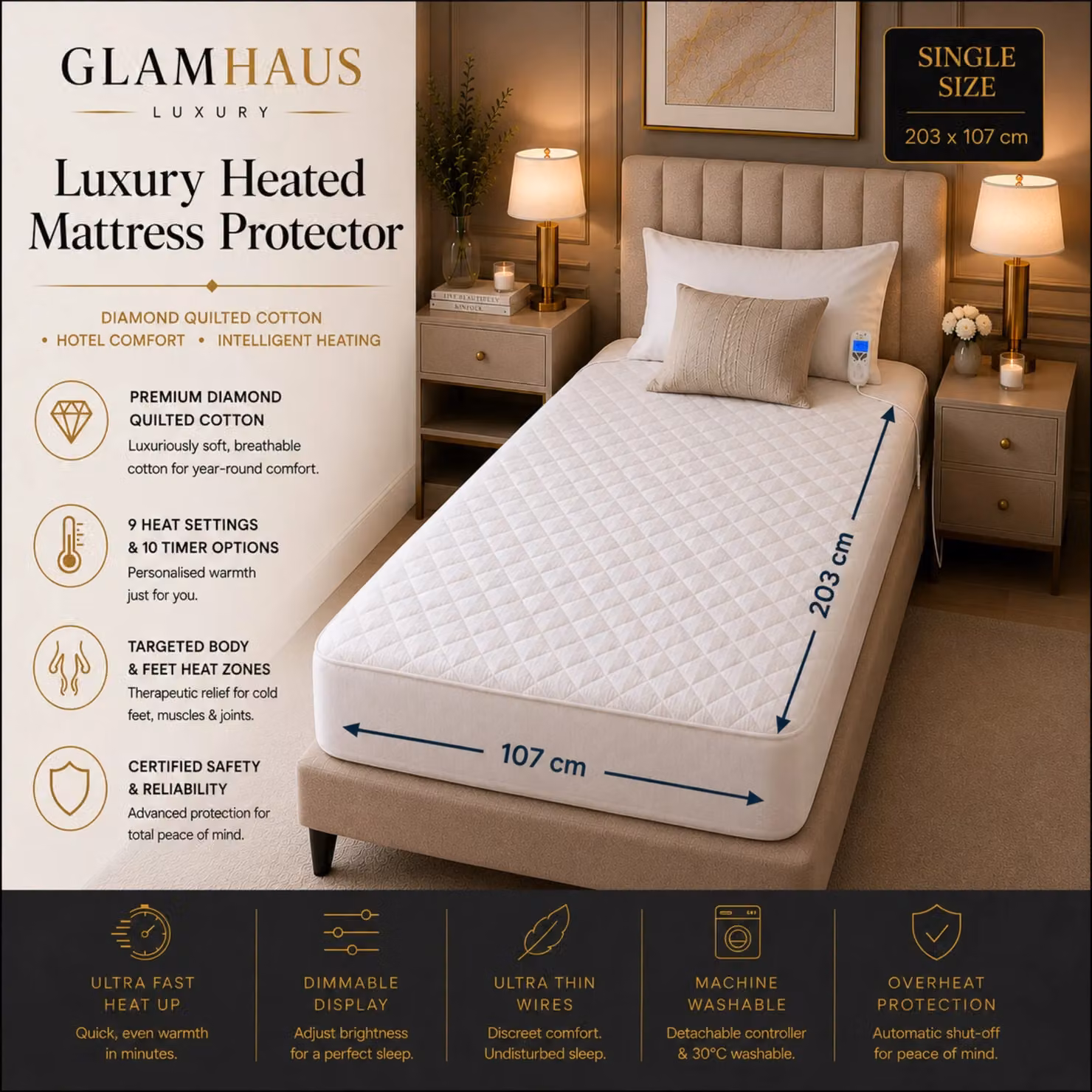 Glamhaus White Single Heated Fitted Mattress Cover Electric Blanket W/D/H: 90 x 200 cm – 2