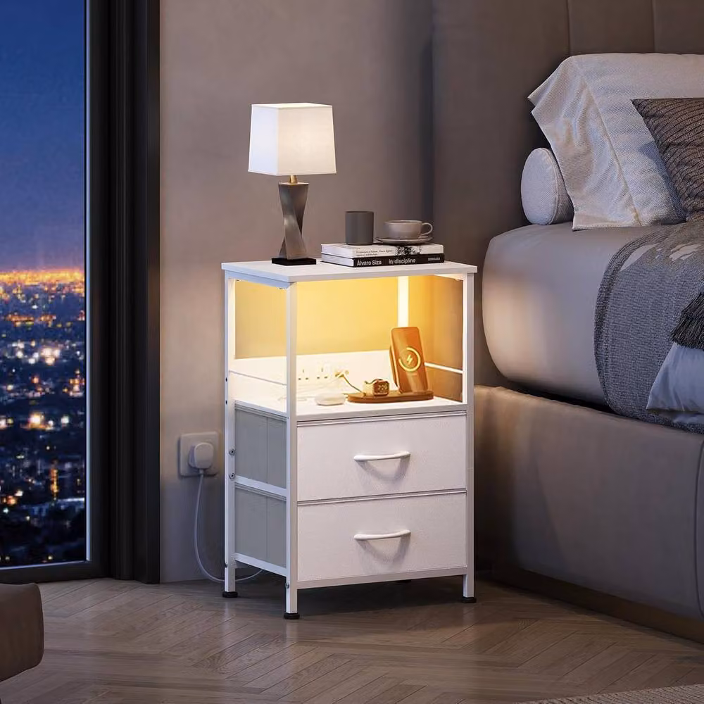 Rolipo LED Bedside Cabinet with Drawers and Charging Station in White – 2
