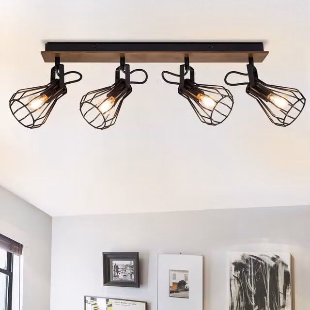 COSYLYTE Kendan 4 Light Spotlight with Wooden Backplate in Black and Wood