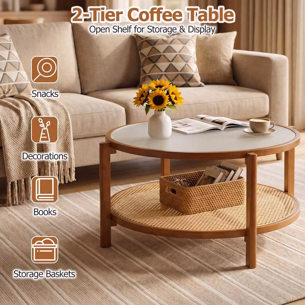 Gymax Round 2-Tier Rattan and Acacia Wood Coffee Table with Glass Top in Brown – 4