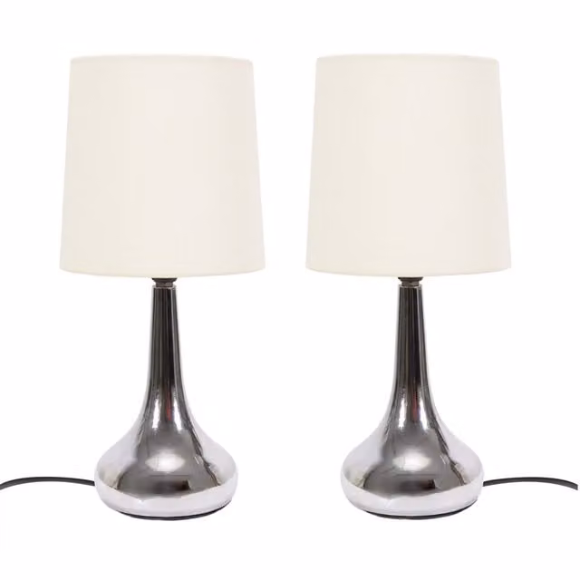 ValueLights Teardrop Pair of Chrome Touch Table Lamps with Fabric Shades in Yellow and Silver