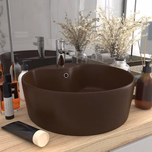 Berkfield Home Luxury Ceramic Round Countertop Wash Basin with Overflow, Matt Dark Brown, W/D/H: 36 x 36 x 13 cm – 1