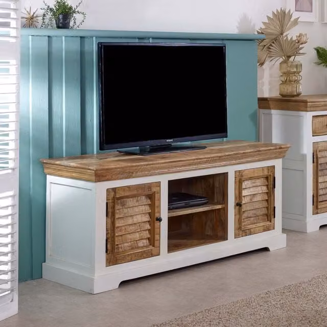 IH Design White Mango Wood TV Cabinet with Rustic Matt Finish