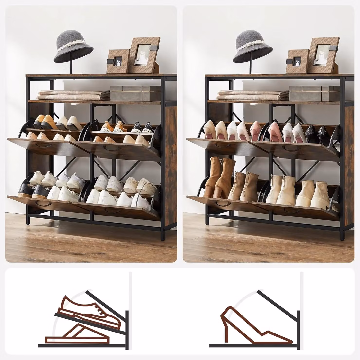 VASAGLE Brown Narrow Shoe Cabinet with Tilting Compartments and Internal Shelves – 3