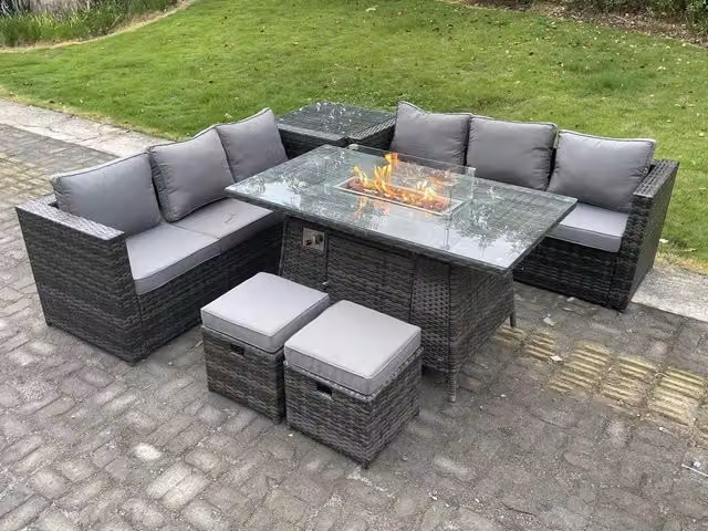 Fimous 8 Seater Outdoor Rattan Gas Fire Pit Table Set with Lounge Seating and Footstools in Dark Grey