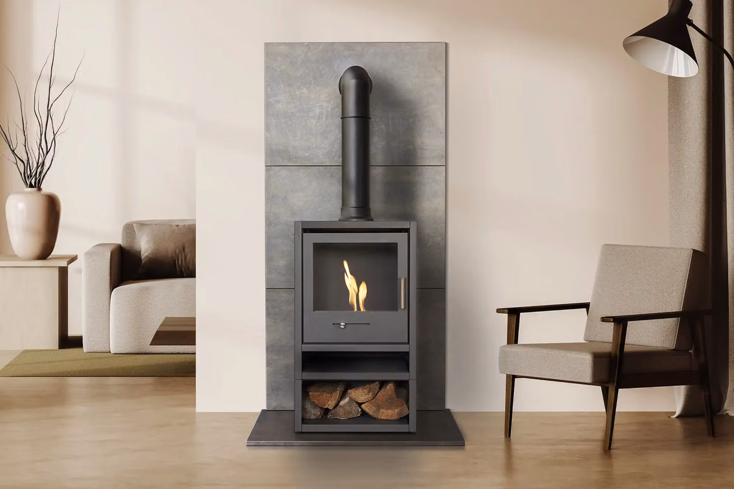 OKO S1 Bio Ethanol Stove with Log Storage in Anthracite Grey and Tall Angled Black Stove Pipe – 2