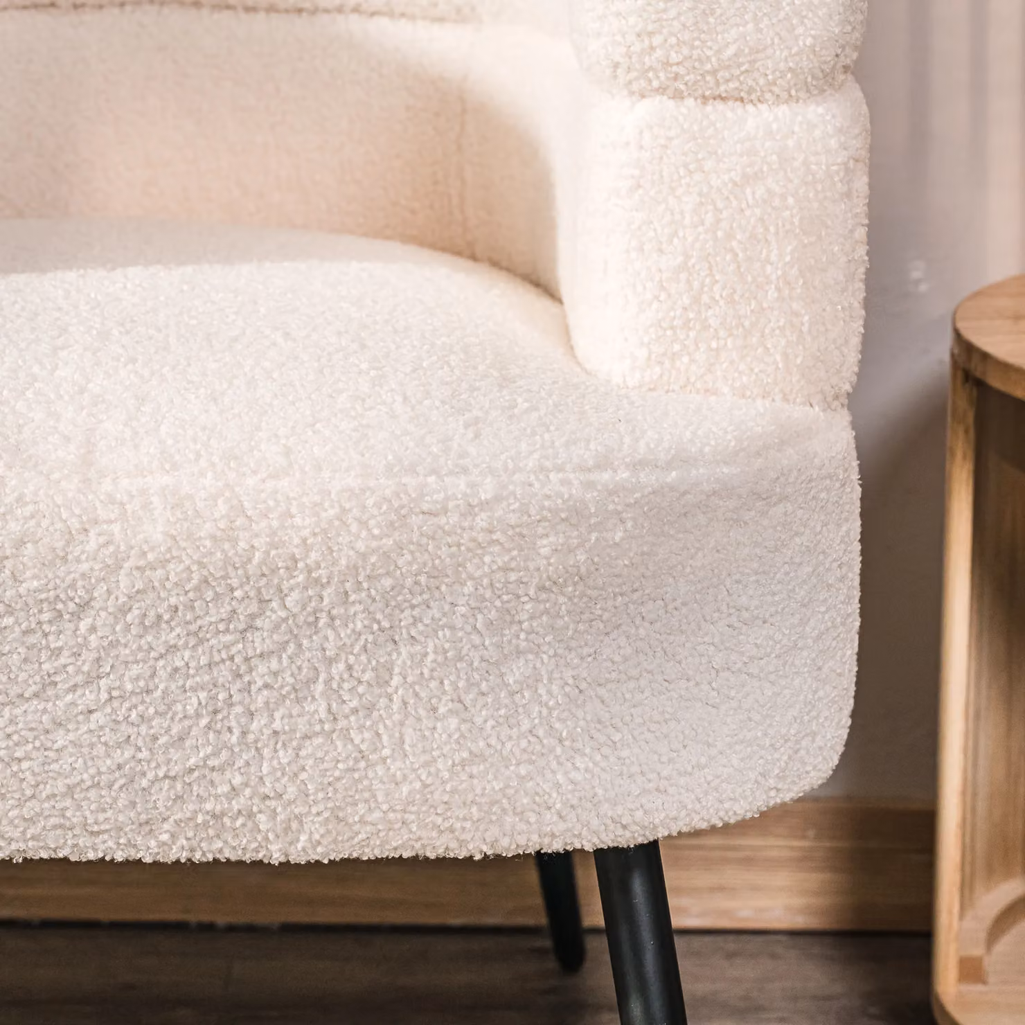 Nordlys Scandinavian Design Bouclé Fabric Lounge Chair with Metal Legs in White – 3