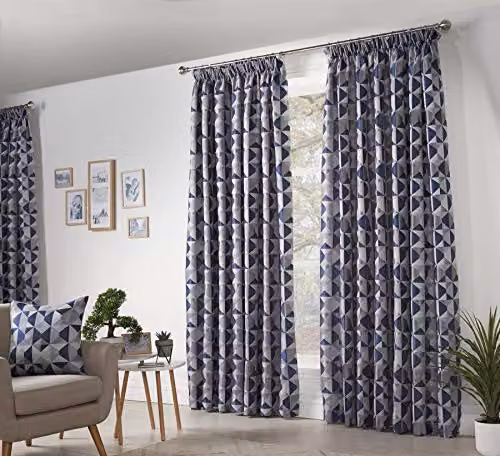 Alan Symonds Skandi Geometric Jacquard Fully Lined Pencil Pleat Curtains in Navy Blue, Width: 117 cm, Drop: 228.6 cm – 1