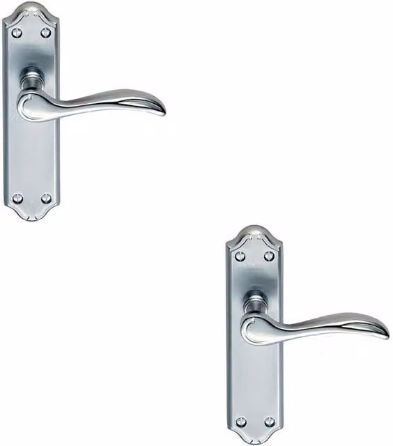 Loops 2x Pair Curved Door Handle Lever on Latch Backplate in Satin Chrome, W/D/H: 180 x 45 mm