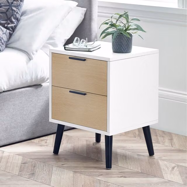 Julian Bowen Alba 2 Drawer Bedside Table in White and Oak with Soft Close Drawers