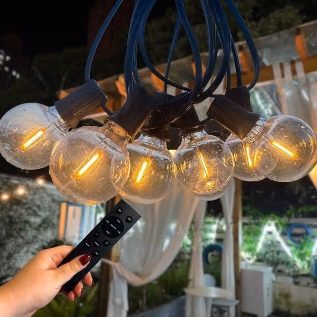 Ark Mat Outdoor Garden Festoon String Lights with Dimmable Warm White LED Bulbs, Remote Control and IP44 Waterproof Rating, Black, 30m