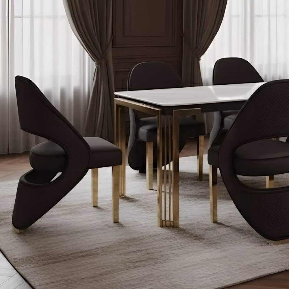 HOME LUXE INTERIOR Sorrento White Marble Rectangular Dining Table and 6 Santorini Black and Gold Chairs – 6