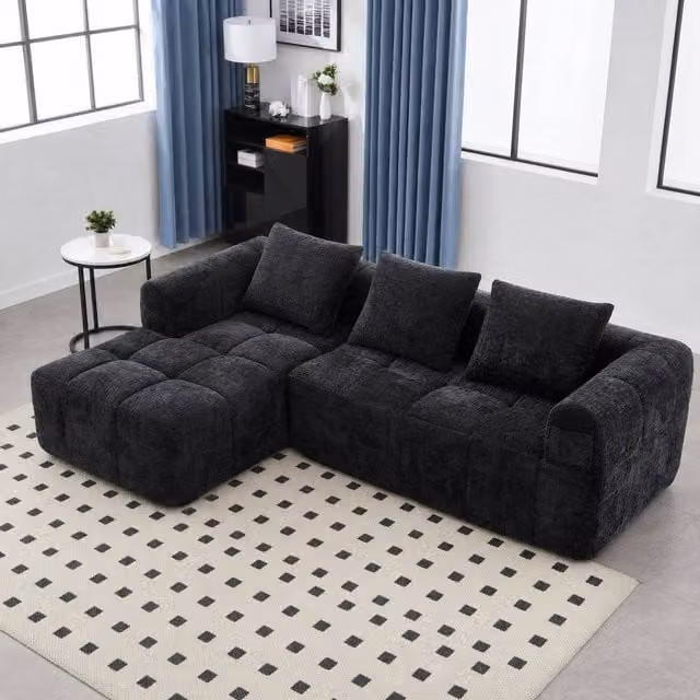 STILVORA Modular L-Shaped Reversible Sectional Sofa in Black Fabric with Scatter Cushions