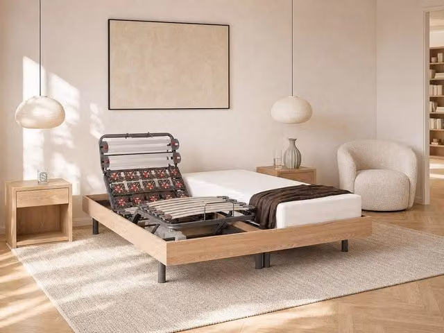 Vente-unique Electric Slatted Bed Base with Natural Oak Decorative Pads in Light Oak, Single Size