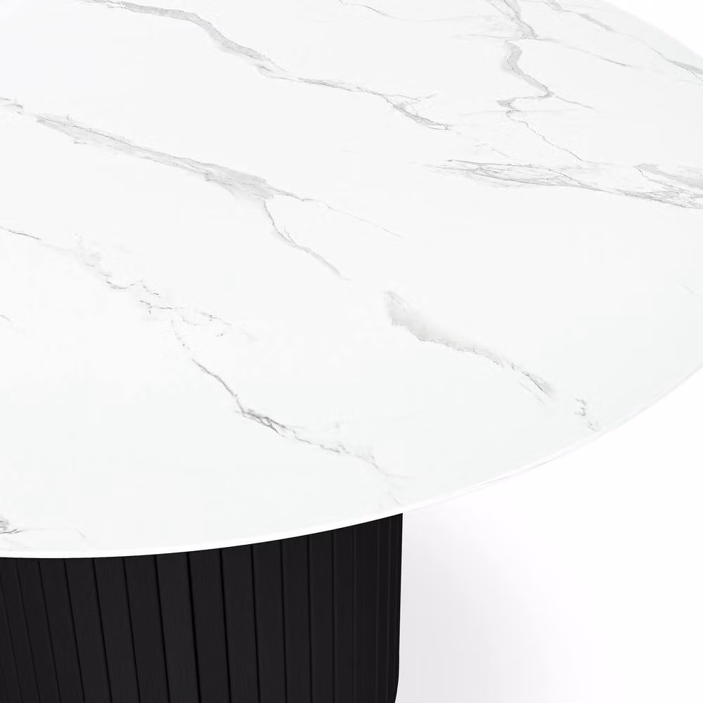 More4Homes Arlo White Marble Top Round Dining Table with Black Legs and Anika Mustard Velvet Dining Chairs Set of 4, Diameter: 120 cm, Height: 75 cm – 3