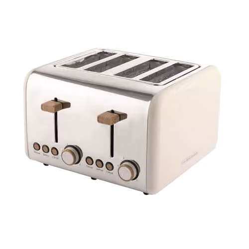 Hamilton Beach 4 Slice Scandi Toaster, 1500W, 6 Browning Controls, Defrost, Reheat and Cancel Settings with Removable Crumb Tray, Matte Cream with Wood Effect - HBT02MC