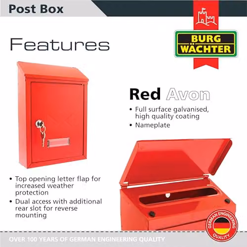 Burg-Wächter MB09R Avon Rear Entry Wall Mounted Galvanised Steel Lockable Weatherproof Post Box, Red, W: 21 cm, D: 30 cm, H: 7 cm – 2