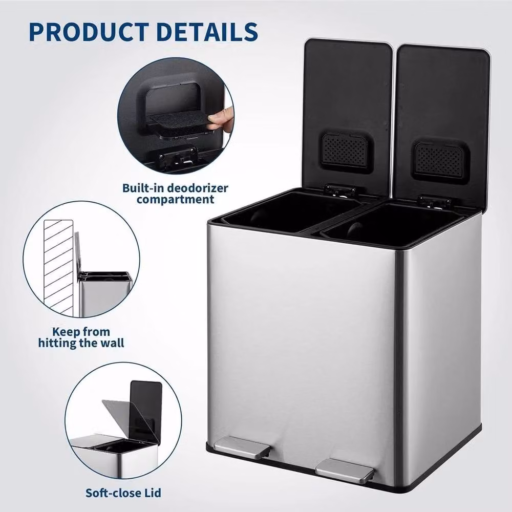 VOGREX Dual Stainless Steel Step-In Trash Can, 2 x 15L, Metallic Silver – 2