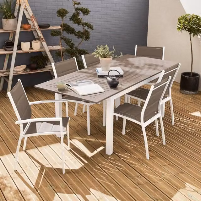Sweekeeks 6-Seater Extendable Aluminium Garden Table and Chairs Set in White – 1