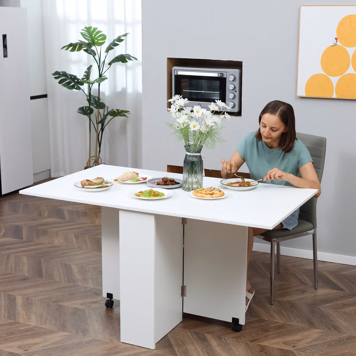 HOMCOM Mobile Drop Leaf Dining Table with Castors and Storage Shelves, White, W/D/H: 140 x 74 x 25.5 cm – 4