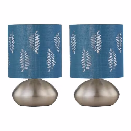 First Choice Lighting Jenson Set of 2 Touch Table Lamps in Brushed Chrome with Teal Fabric Shades – 4