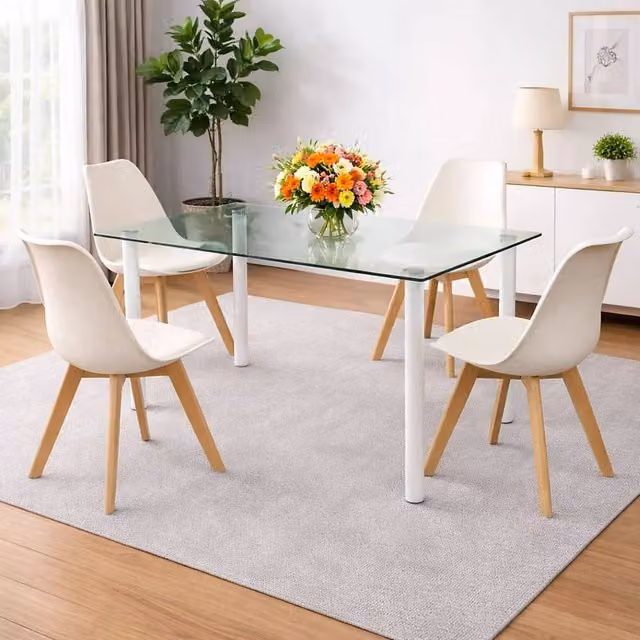 Kosy Koala Modern Rectangular Glass Dining Table Set with 4 Beige Plastic Chairs