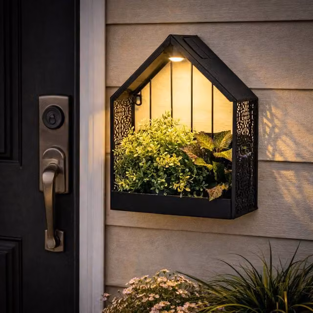 Gardenwize Solar House Wall Planter with Warm White LED Light, Black Metal, W/D/H: 40 x 12 x 12 cm – 1