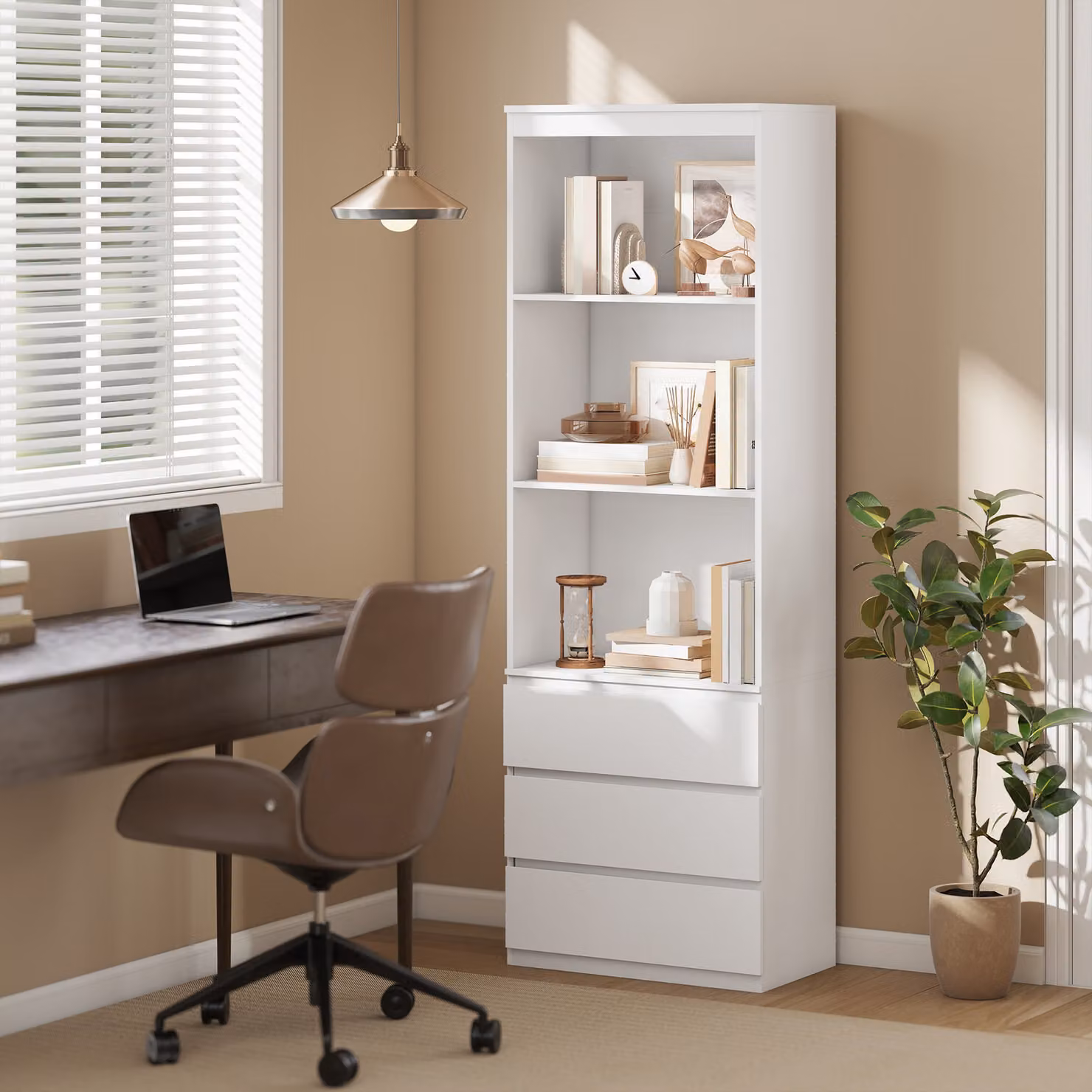 HOMCOM White Tall Bookcase with Shelves and Drawers, Height: 180 cm – 2